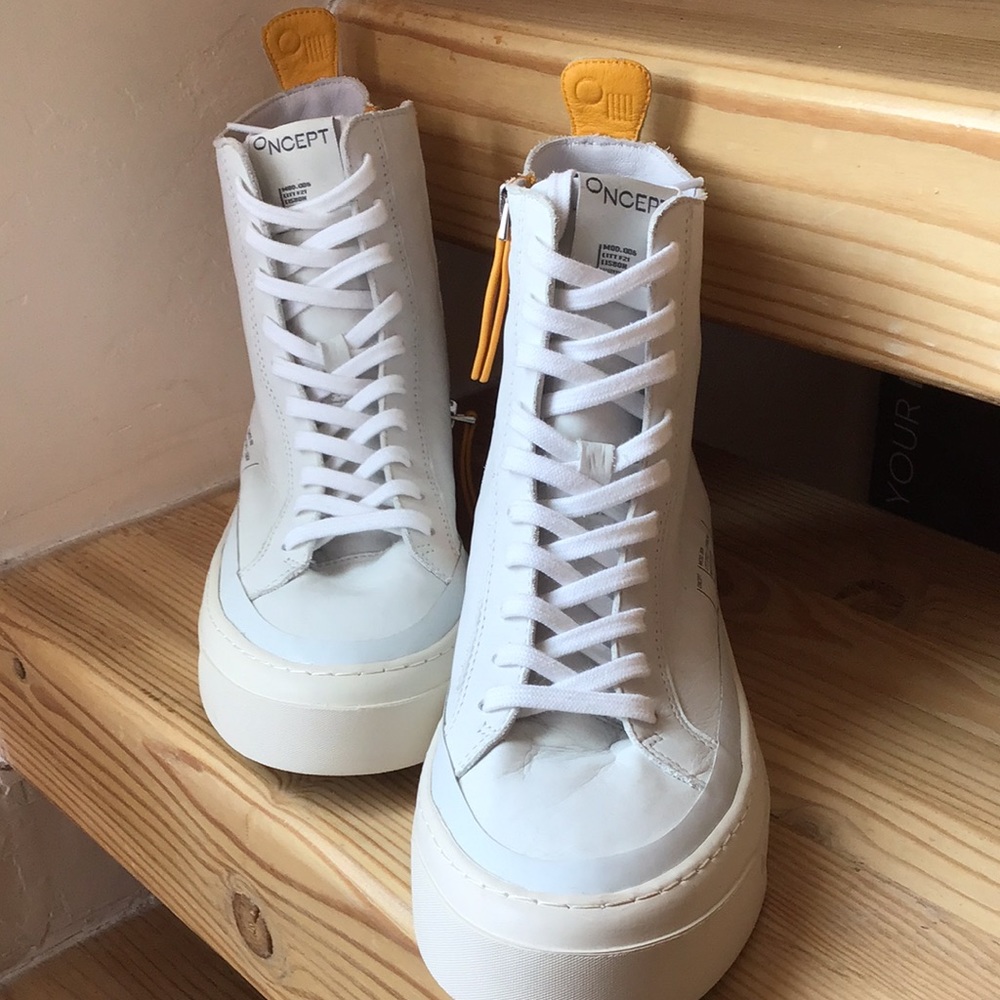 White Soft Leather Oncept NYC High Top Sneakers 7.5 New! - Picture 2 of 9